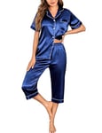 Demegimi Ensemble de Pyjama pour Femme en Satin de Soie Pyjama Ete avec Chemise à Manches Courtes et Pantalon Capri Vêtements de Nuit Deux Pièces Sexy Chic(Bleu Marine,S)