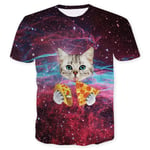 Funny Men's T-shirt 3d Starry Cat Eating Pizza Ladies Short Sleeve Casual Sports Style Round Neck-M