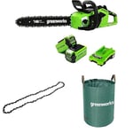 Greenworks Tronçonneuse à Batterie avec Moteur Sans Balais, Longueur Guide-Chaîne 16 Pouces (40cm) 2 Batteries 40V 2Ah, Chargeur+ Greenworks 40cm Chaîne + Sac à déchets de jardin Greenworks 120 L