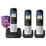 Panasonic Téléphone sans fil KX-TGH723GS avec répondeur, lot de 3 (téléphone DECT, faible rayonnement, écran couleur, bloqueur d'appels, appels mains libres) noir