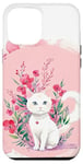 Coque pour iPhone 12 Pro Max Chat blanc mignon, fond rose, art floral