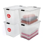 Iris Ohyama, Boite Rangement Plastique avec Couvercle, 60L, Lot de 4, Transparent, Clips de Fermeture, Poignée, Empilable, Organisation Solide & Durable, pour Chambre, Dressing, Bureau, NTB-60