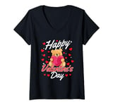 Womens Happy Valentine's Day - Cute Teddy Bear V-Neck T-Shirt