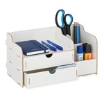 Relaxdays Organiseur de bureau, Porte-stylos tiroirs & compartiments, HxLxP: 17 x 33 x 19 cm, Rangement blanc