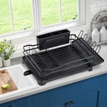 Rviezza Single Tier Dish Drainer Rack in Black, Rustproof Dish Rack with Drip Tray, Dish Drying Rack with Cutlery Holder and Cup Holder, Kitchen Counter Draining Rack with 360° Swivel Spout