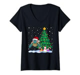 Womens Funny Sea Turtle Xmas Tree Lights Reindeer Hat Christmas V-Neck T-Shirt