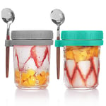 2Pcs Overnight Oats Container with Lid and Spoon Reusable Overnight Oats Jars 10 oz Large Capacity Wide Mouth Mason Jars with Measurement Marks Glass Breakfast Pot for Salads Yogurt Cereal Milk