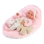 Llorens 1073808 - Poupée Nica aux Yeux Bleus - Poupée avec Corps en Vinyle et Tenue - Ours en Peluche et Coussin Rose - 40 cm