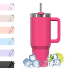 WATERSY Travel Mug Coffee Cup 40oz Tumbler Straw Lid and Handle, Stainless Steel Double Wall Vacuum Insulated Coffee Water Bottle Thermos for Cold Hot Coffee 1182ml Gloss Pink