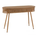 Console arrondie RIVO 2 tiroirs en bois, rotin naturel, métal