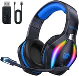 ¿2024 Nouveau¿FC100 Casque de Jeu sans Fil - 2,4 GHz et Casque Bluetooth avec Microphone - Son stéréo 3D et autonomie de 50 Heures - pour PS5/PS4/PC/tablettes/Switch/smartphones, Noir-Bleu