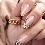 Detachable Kiwi French Pink Leopard Print Long French Lines Almond Fake Nails