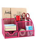 EasyPAG 7 Compartiments Métal Organisateur de Bureau Range Bureau Rangement Bureau Pot à Crayon Porte Stylo avec Tiroir,Rose