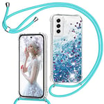 TUUTPU Coque pour Samsung Galaxy S23 5G avec Cordon, Paillette Liquide Étui pour Téléphone avec Lanière, Transparent Silicone Coque Collier Réglable Téléphone Housse Portable Lanyard Case - Bleu