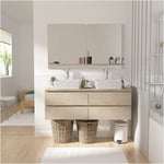 Meuble double vasque 120cm avec plan bois sorrento chêne+vasque+robinet+miroir