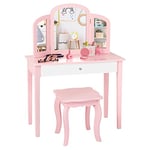 DREAMADE Coiffeuse pour Enfants avec 3 Miroirs Amovible et 1 Tiroir, Table de Maquillage pour Enfants avec Tabouret, Coiffeuse Princesse en MDF et Bois de Pin (Rose)