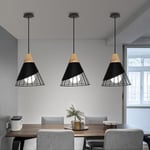 Lot de 3 Lustre Suspension Industrielle E27 Cage en Fer et Bois Luminaire Style Contemporain pour Chambre Salon Cuisine Noir