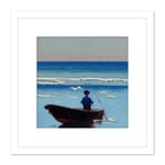 Fisherman Fishing in Small Boat Sunny Day Seascape Oil Painting Square Wooden Framed Wall Art Print Picture 8X8 Inch