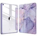 Fintie Étui Hybride Fin pour iPad 9e/8e/7e génération (2021/2020 / 2019) 10,2" – [Porte-Crayon intégré] – Coque arrière Transparente, marbre Lilas