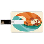 4G USB Flash Drives Credit Card Shape Ride The Wave Memory Stick Bank Card Style Retro Man Surfing at Beach Island Coconut Palm Trees Illustration,Teal Vermilion Cream Waterproof Pen Thumb Lovely Jum