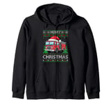 Ugly Xmas Sweater Style Lights Santa Fire Truck Christmas Zip Hoodie