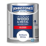 Johnstone's - Quick Dry Gloss - Brilliant White - Gloss Finish - Water Based - Interior Wood & Metal - Radiator Paint - Low Odour - Dry in 1-2 Hours - 8m2 Coverage per Litre - 0.75 L