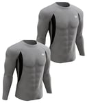 UNIQUEBELLA Pack of 2 Mens Thermal Underwear Long Sleeve Top Gym Base Layer T Shirt Warm Vests For Men Solid Grey