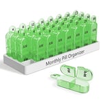 Monthly Pill Box Organiser 2 Times A Day Am Pm, Medicine Box with 32 Compartments to Hold Vitamin Pills, Tablet Box with Easy Open Design for Children Elder and Arthritic Hands - Green