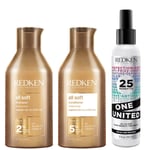 Redken All Soft Shampoo, Conditioner and One United Multi-Benefit Treatment Spray Hydrating Bundle for Dry Hair