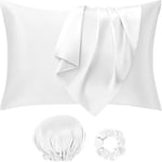 Seiwohl Silk Satin Pillowcase Soft as Silk Pillowcases for Hair and Skin White Pillow Cases 2 Pack with Satin Scrunchies and Bonnet for sleeping, Cooling Pillow cases Envelope Closure, 50x75 cm