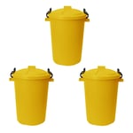 3 x 50L Bin Clip Lock Lid Yellow Waste Storage Rubbish Trash Can Garden Dustbin