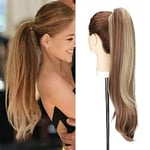 22" Postiche Queue de Cheval Avec Pince Extension Cheveux Faux Synthetique Claw On Ponytail Extension Longue Ondulé légèrement, Brun Clair & Blond Cendré