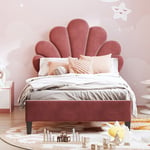 Lit simple rembourré en velours - 90x200cm - tête de lit en forme de fleur - avec sommier à lattes - Rouge