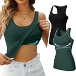 V FOR CITY Women's Cotton Tank Top with Shelf Bra Basic Vest Tops Racerback Sport Tank Top 2 Pack Black/Drak Green S