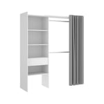 Dressing extensible avec rideau + 1 tiroir - Décor Blanc - l 160-113 x p 50 x h 205 cm - suit