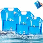 Lot de 3 (bleu) bidons d'eau pliables avec robinet 2 x 10 l + 1 x 5 l bidon d'eau potable portable sans bpa bidon d'eau pliable pour camping barbecue