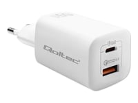 Qoltec Gan Ultra - Strömadapter - 2.25-3.25A, 5-20V, Usb Type C Pd, Usb Qc 3.0 - Ac 220-240 V - 65 Watt - Utgångskontakter: 2 - Vit