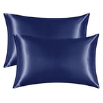 EHEYCIGA Satin Pillow Cases 2 Pack Navy Blue, Silky Pillowcases for hair and skin with Envelope Closure, Standard Size, 50x75 cm