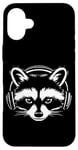 iPhone 16 Plus Black and White Gamer Raccoon with Headphones Case