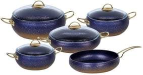 OMS Blue Belly Shape Granite Cookware Set Glass Lid Casserole Pan Pot Kitchen