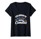 Womens Celebrate With Candles Festival Judaism Dreidel Latke V-Neck T-Shirt