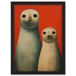 Seal Pups Portrait White Cream On Red Crimson Coral Detailed Oil Painting Artwork Framed Wall Art Print A4