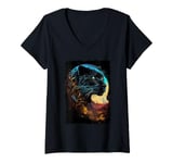 Womens Majestic Panther with Sunset Jungle Scene in Retro Wildlife V-Neck T-Shirt