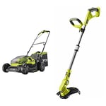Ryobi RY18LM37A-140 18V ONE+ Cordless 37cm Lawnmower Starter Kit (1 x 4.0Ah) Amazon Exclusive & OLT1832 18V ONE+ Cordless Grass Trimmer Only, 25-30cm, Hyper Green
