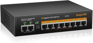 10 Port Gigabit PoE Switch, 8 Ports 1000Mbps PoE+, 2 Ports 1000Mbps Uplink, Puissance intégrée de 120 W IEEE802.3af/at, Plug and Play Non géré en métal sans Ventilateur