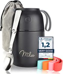 Milu Boîtes Alimentaires Isothermes 450ml I 650ml I 800ml, Boîte Isotherme Repas Chaud Porte-Aliments en Acier Inoxydable à Double Couche, Cuillère Pliante pour Ecole, Bureau (450ml/Noir)