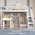 Lit Loft blanc, 90 x 200 cm, lit superposé en bois avec bureau, étagère, armoire et penderie, lit pour enfant avec échelle de rangement, adapté aux