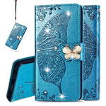 IMEIKONST Compatible with Samsung Galaxy A15 5G Wallet Case with Card Holder, Diamond Embossed Leather Magnetic Flip Kickstand Shockproof Protection Cover for Samsung A15 5G. Cystal Butterfly Blue SD