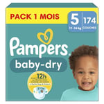 Pampers Baby-Dry, Taille 5, 174 Couches, 11-16kg, Une nuit jusqu'à 100% sans fuites avec la Poche Stop & Protect à l’arrière de la couche, Pack 1 Mois