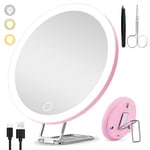 Miroir grossissant avec lumière 30X, 15cm 3 Modes de Couleur Dimming Miroir de Maquillage Lumineux 30X, Grand Miroir Grossissant de Voyage Rechargeable avec 3 Ventouses et Support de Table 360°